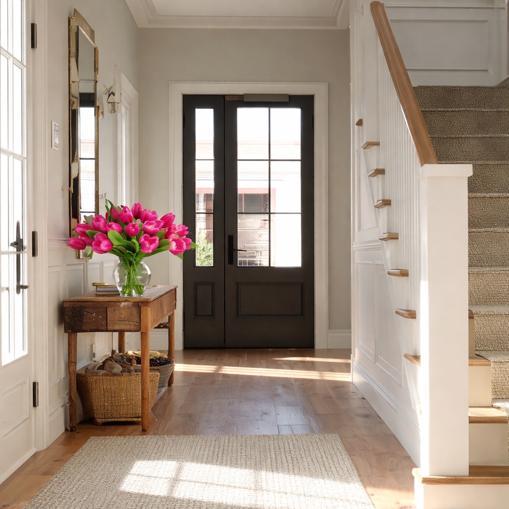 Garden Tulip bouquet on an entryway console table